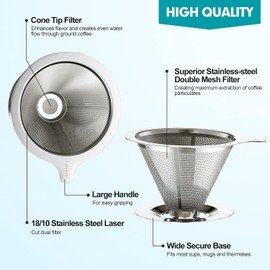 QRZLP Pour Over Coffee Dripper, Stainless Steel Paperless Reusable Coffee Filter with Cleaning Brush and Scoop, Double Mesh Design of Manual Cone Filter Coffee Maker for Home Office. (Medium 2-4 cup)