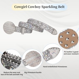 TINIDI Men Women Rhinestone Belt Western Bling Studded Crystal Diamond Leather Belts With Jupiter Round Buckle(Silver,Fit Waist 29-35")