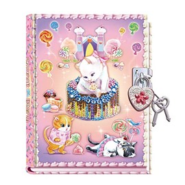 DUDUBUY Sweet Kitty Secret Diary with Lock 7" Journal Notebook with 300 Sided Lined and Blank Pages with Gem Studded Heart Shaped Padlock and 2 Keys for Girls Kids Ages 5-12