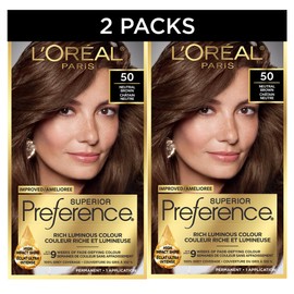 L'Oreal Paris Superior Preference 9 weeks of Luminous Fade-Defying Permanent Hair Dye, 50 Natural Brown, 100% Grey Coverage, Hair Dye Kit (Pack of 2) (Packaging May Vary)