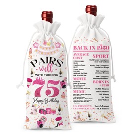 75th Birthday Gifts for Women Men Wine Bag, Birthday Gifts for 75 Year Old Man, Happy 75th Birthday Party Decorations Women for Men, Pairs Well with Turning 75 Wine Bags (White Pink)