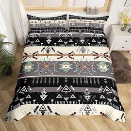 Southwest Tribal Bedding Set Queen Size Western Aztec Pattern Duvet Cover Set 3Pcs,Kids Girls Boys Men Room Decor Rustic Arrow Feather Comforter Cover Vintage Black Grey Quilt Cover,2 Pillowcases