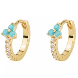 AT Jewellery - 9ct Yellow Gold Filled Flower Blue Turquoise Small CZ Cubic Zirconia Sleeper Huggie Hoop Earrings