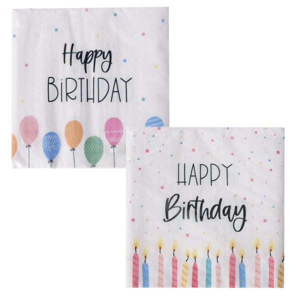 WHW Whole House Worlds 40 Count Happy Birthday Napkins, Festive Balloons and Candles Theme, 2 Packs of 20, 3 Ply Paper, Luncheon Size, 6.75 x 6.75 Inches, Food Safe Inks
