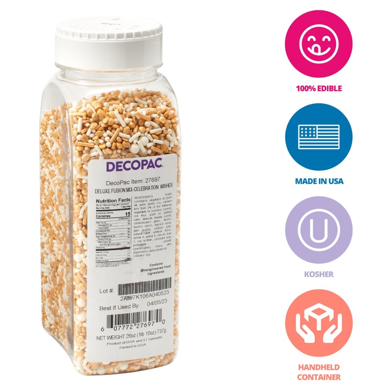 DecoPac Gold Celebration Wishes Fusion Mix Sprinkles, 26oz, Shaped Candy