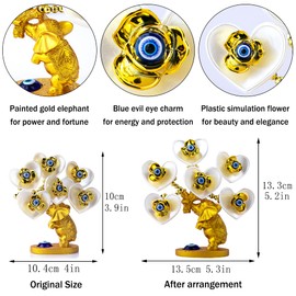 Árbol de dinero azul del mal de ojo con figura de elefante dorado pintado, flores artificiales blancas, decoración de la oficina en casa, adorno de Feng Shui