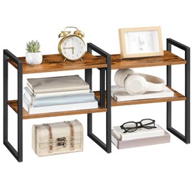 HOOBRO Desk Shelf Organizer, Adjustable Desktop Bookshelf, 2-Tier Shelf for Top of Desk, Wooden Office Storage Rack, for Office, Study, Kitchen, Dorm, Rustic Brown and Black BF39SJ01