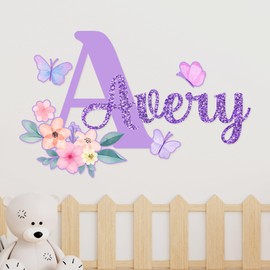Custom Name & Initial with Glitter Effect Flowers and Butterflies Wall Decal - WM1028. Custom Name Removable Nursery Wall Decal for Girl - Flowers and Butterflies Mural Wall Decal for Girls Bedroom