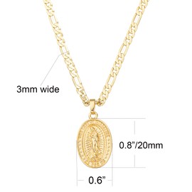 kelistom 14K Gold Plated Virgin Mary Guadalupe Pendant Necklace for Women Men 3mm Flat Figaro Chain Necklace 18/22 inches (length-22in, solid)