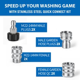 Premium Pressure Washer Quick Connect Kit - M22 Swivel to 3/8'' Quick Connect, 3/4'' to Quick Release, M22 14mm Power Washer Adapter Set Quick Connect Pressure Washer Fittings (Stainless Steel)