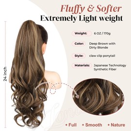 LONAI Claw Clip Ponytail Extension for Women 24 Inch Curly Wavy Ponytails Extensions Clip in Ponytail Hair Extensions Pony Tail Clip on Ponytails Hair Piece (Deep Brown with Dirty Blonde)