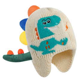 KAKU NANU Baby Hats Winter Beanie Bobble Earflap Hat Toddler Dinosaur Hat Warm Beige Fleece for Baby Boys and Girls 6-12 Months 1 2 3 Years