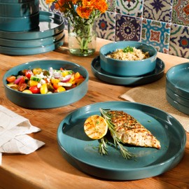 Bloomhouse - Two Time Oprah's Favorite Things Winner - Santorini Mist Double Bowl Terracotta Reactive Glaze Plates and Bowls Dinnerware Set - Jade Blue Green, Service for Four (16pcs)