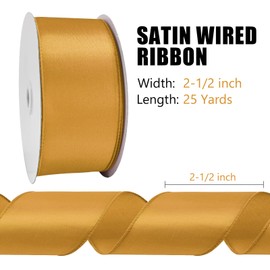 BVIEAKD Antique Gold Wired Satin Ribbon 63mm x 22m for Gift Wrapping Crafts Home Decor Wreaths Bows Making
