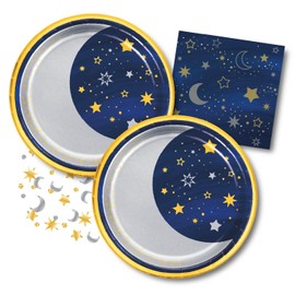 Moon and Stars Party Supplies Set, 9" Paper Plates and 5" Napkins for 16 Guests, Navy and Gold, with Confetti