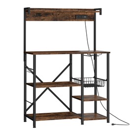 Shintenchi Bakers Rack with Power Outlets, Height Microwave Stand, Kitchen Storage Shelf Rack with Adjustable 8 S-Shaped Hooks and Wire Basket for Kitchen, Coffee Bar (Vintage Brown)