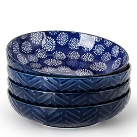 KitchenTour Pasta Bowls 34 oz, Large Salad Bowls Serving Bowls, 8.5 Inch Ceramic Embossment Wide and Shallow Bowls Set of 4, Soup Bowls for Kitchen, Dishwasher and Microwave Safe