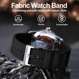 WOCCI Canvas Fabric Watch Strap, Quick Release, Compatible Watch Lug Width 18 mm, 19 mm, 20 mm, 22 mm, 24 mm, Nylon