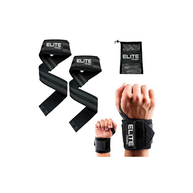 Paquete con straps y muñequeras para gimnasio, kit para levantamiento