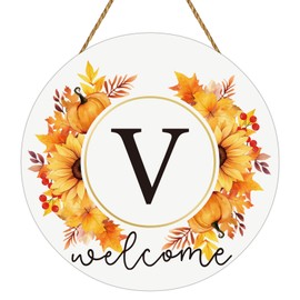 Fall Door Decor Monogram Letter V Maple Leaf Pumpkin Fall Wall Decor Wooden Welcome Sign for Front Door Hanger Family Last Name Initial Wreath for Harvest Porch Indoor Outdoor Home Decorations