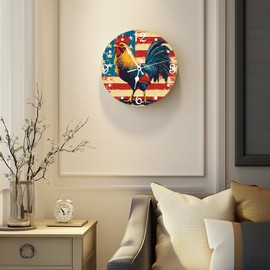ubcindy Silent Non Ticking Wall Clock 12 Inch, Rooster Retro American Flag Round Wood Wall Clocks, Battery Operated, Decorative for Bathroom, Kitchen, Living Room, Bedroom, School, Dining, Office