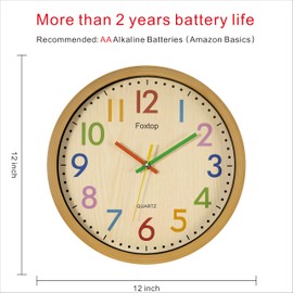 Foxtop Silent Kids Wall Clock 12 Inch Non-Ticking Battery Operated Colorful Childrens Clock for Classroom Playroom Nursery Bedrooms Kids Room School