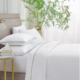 Queen Luxury 4 Piece Bedsheet Set by Plush Organic Company, White with Navy Piping, Viscose (Rayon) derived from bamboo, Organically grown, Ultra Soft with17 inch Deep Pockets, 300 Thread Count