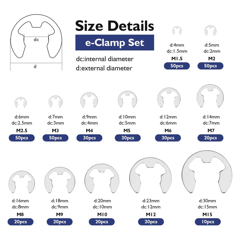 Habwea Pack of 400 Snap Ring Set, Stainless Steel, E-Clip,