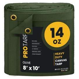 PROTARP Heavy Duty 14 OZ Water Resistant Canvas Tarp, UV Resistant Tarpaulin Cover with Rustproof Brass Grommets, Multipurpose for Canopy, Roof, Camping, Woodpile (Olive 8'X10')