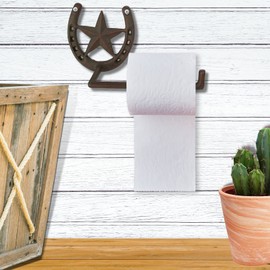 Rustic Metal Toilet Paper Holder with Horseshoe and Star Design Wall Mounted - Western Style Bathroom Décor