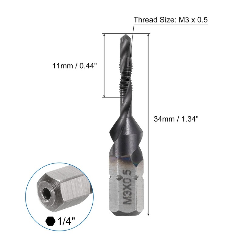 sourcing map Combination Drill and Tap Bits Metric M3 x