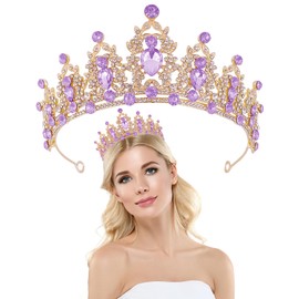Gold Purple Rhinestone Princess Crown Headband Hair Hoops Hair Accessories Bridal Hairbands Tiara Party Headwear Wedding for Bride, Bridesmaid, Princess, Girl