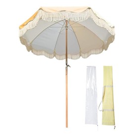 LAGarden Palm Springs Wooden Patio Fringe Umbrella 6ft Tilt - Color: Mimosa, Size: 6ft 8-rib