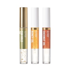 Kiss New York 3 PACK Lip Oil Gloss, Hydrating Non-Sticky Lip Oil, 100% Natural Oil Clear Lip Gloss, Lightweight Lip Moisturizer (Gold & Honey & Coconut)