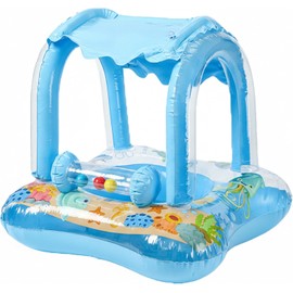 Flotador para bebé, flotador para piscina con dosel, anillo inflable para nadar de 0 a 6 meses, linda forma de animal, azul