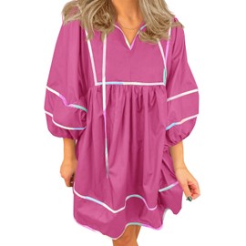 Cicy Bell Womens Babydoll Mini Dresses 3/4 Puff Sleeve V Neck Dress Casual Loose Fit Patchwork Pleated Swing Vacation Outfits Bright Pink