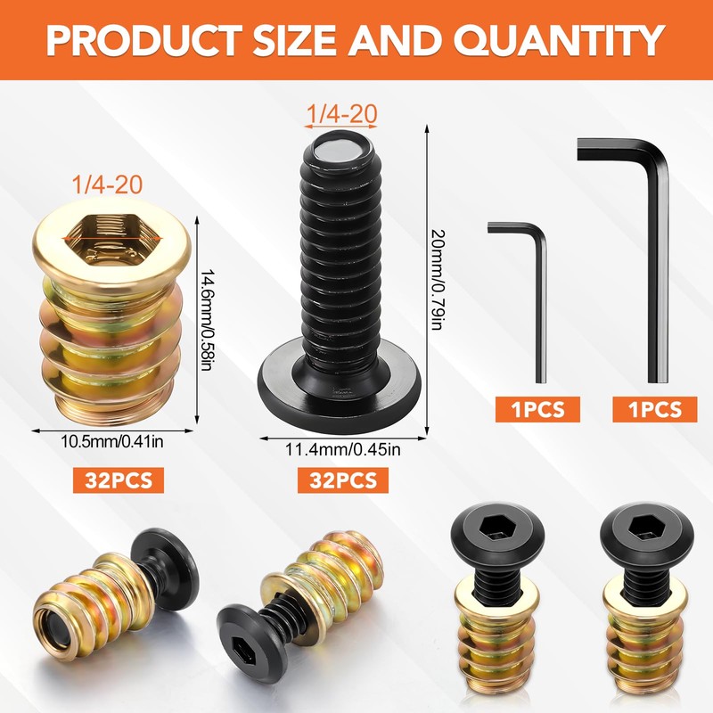 32 Sets Threaded Inserts for Wood Furniture Screws - 1/4-20