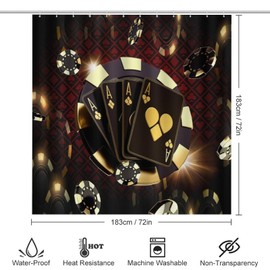 Brebasf Poker Casino Theme 4 Pcs Waterproof Shower Curtains Set Modern Black Gold Poker Tournament Playing Cards with Waterproof Toilet Cover Shower Mat Rugs,72" W x 72" L