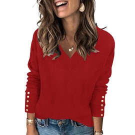 AKEWEI Women's Fall Tops 2025 Trendy V Neck Long Sleeve Shirts Cute Knitted Pullover Sweater(Red,XL)