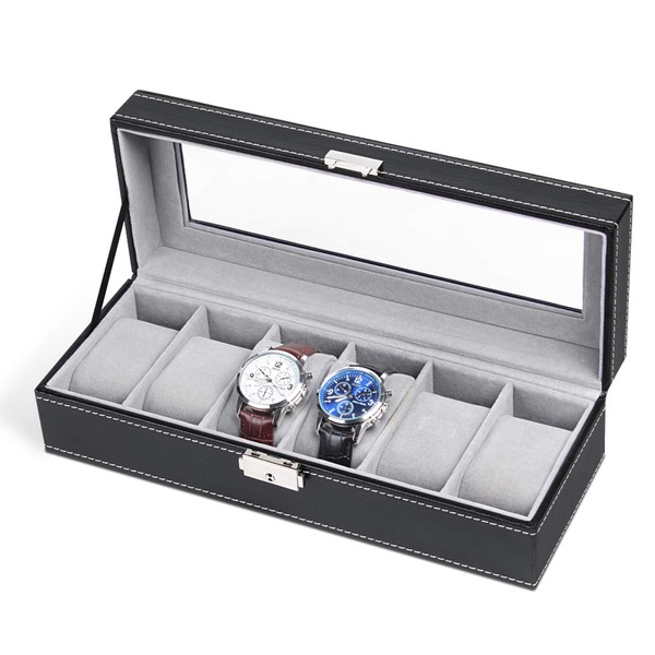 NEX Watch Case, 6 Slot Leather Watch Box Display Case Organizer Glass Jewelry Storage