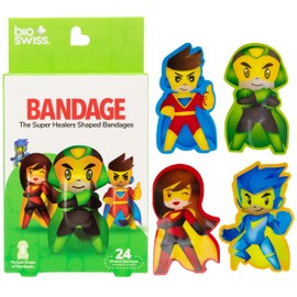 BioSwiss Bandages, Super Healers Superhero Shaped Self Adhesive Bandage, Latex Free Sterile Wound Care, Fun First Aid Kit Supplies for Kids and Adults, 24 Count