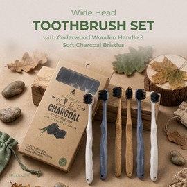 Pursonic Wide Head Toothbrush Set with Cedarwood Wooden Handle & Soft Charcoal Bristles - Travel Friendly Natural Oral Care Brushes with Comfortable Grip Design for All Age Groups - Pack of 6