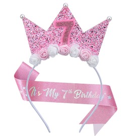 Birthday Decorations for 7 Year Old Girl –Sparkling Crown Headband with Pearls,Adjustable Pink Sash 'This is My Birthday' Flower Princess Tiara Hair Accessories