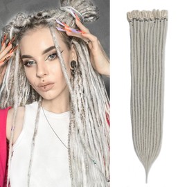 Kyriena 6PCS Light Gray Clip In Dreadlock Extensions, 24 Inch SE Thin 0.6cm Dreads Extensions, Synthetic Clip in Dreadlocks Reggae Hippie Crochet Dreads for Women