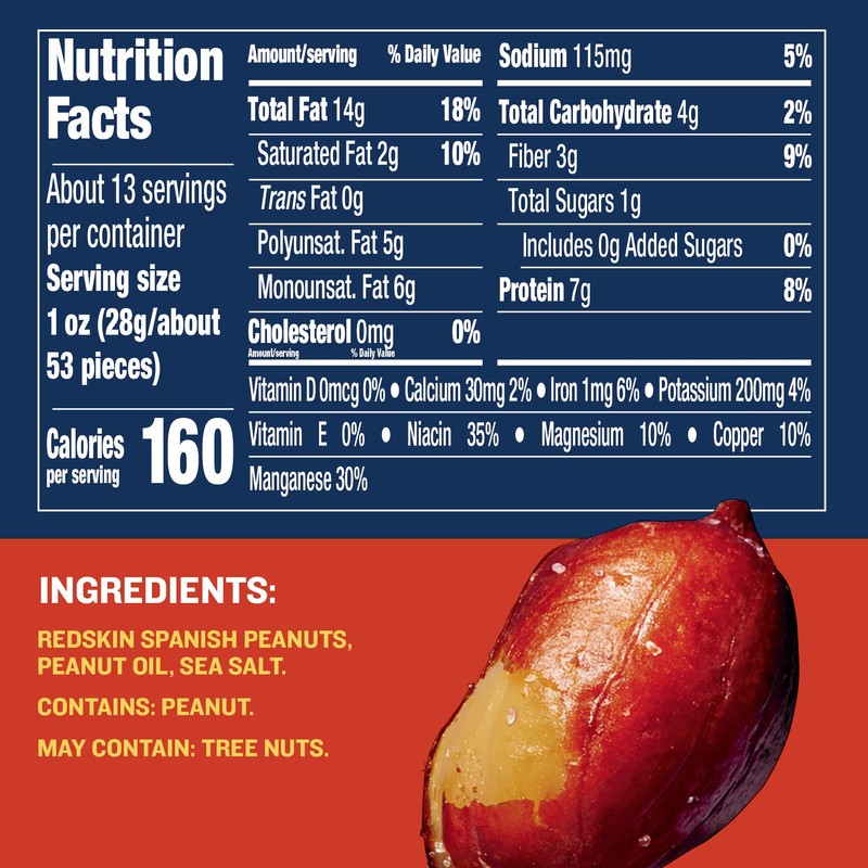 PLANTERS Redskin Spanish Peanuts, Roasted Salted Peanuts, Plant Based Protein