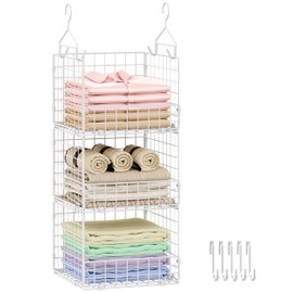 3-Tier Hanging Closet Organizer with 5 S Hooks, Closet Shelves for Clothes, Shoes, Handbags, Accessories, Hanging Basket, Closet Storage, Closet System, Closet Organizers and Storage