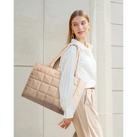 LOVEVOOK Tote Bag for Women, Puffer Work Handbag 15.6 Inch Laptop Purse for Nurse Teacher, Large Quilted Travel Tote Shoulder Bag with Zipper for College Office Clinical Gym, Khaki