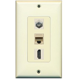 RiteAV Decorative 1 Gang Wall Plate (Light Almond/Light Almond) 3 Port - Coax (Ivory) Cat6 (Ivory) HDMI (Ivory)
