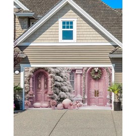 T&H XHome Christmas Garage Door Decorations 7x16 FT, Christmas Pink Castle Gate Xmas Wreath Garage Door Cover Hanging Backdrop Mural Garage Door Banner for Holiday Party Outdoor Indoor