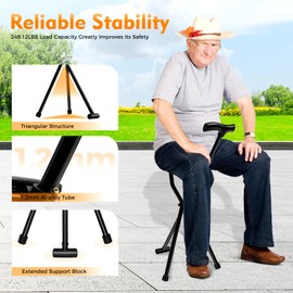 2-in-1 Walking Cane with Seat Cane Stool Crutch Chair,Portable Folding Walking Stick Cane Chair Lightweight Sturdy Tripod Cane Stool for Elderly,Men,Women,Max Load 249.12lbs